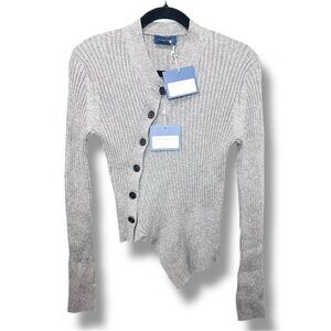 NWT. Eudon Choi Wool/Cashmere Grey Ribbed Asymmetric Cardigan. Size Small